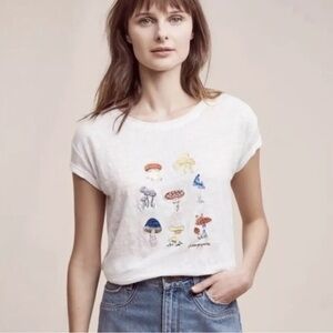 Akemi + Kin Anthropologie Embroidered Mushroom Linen Tee